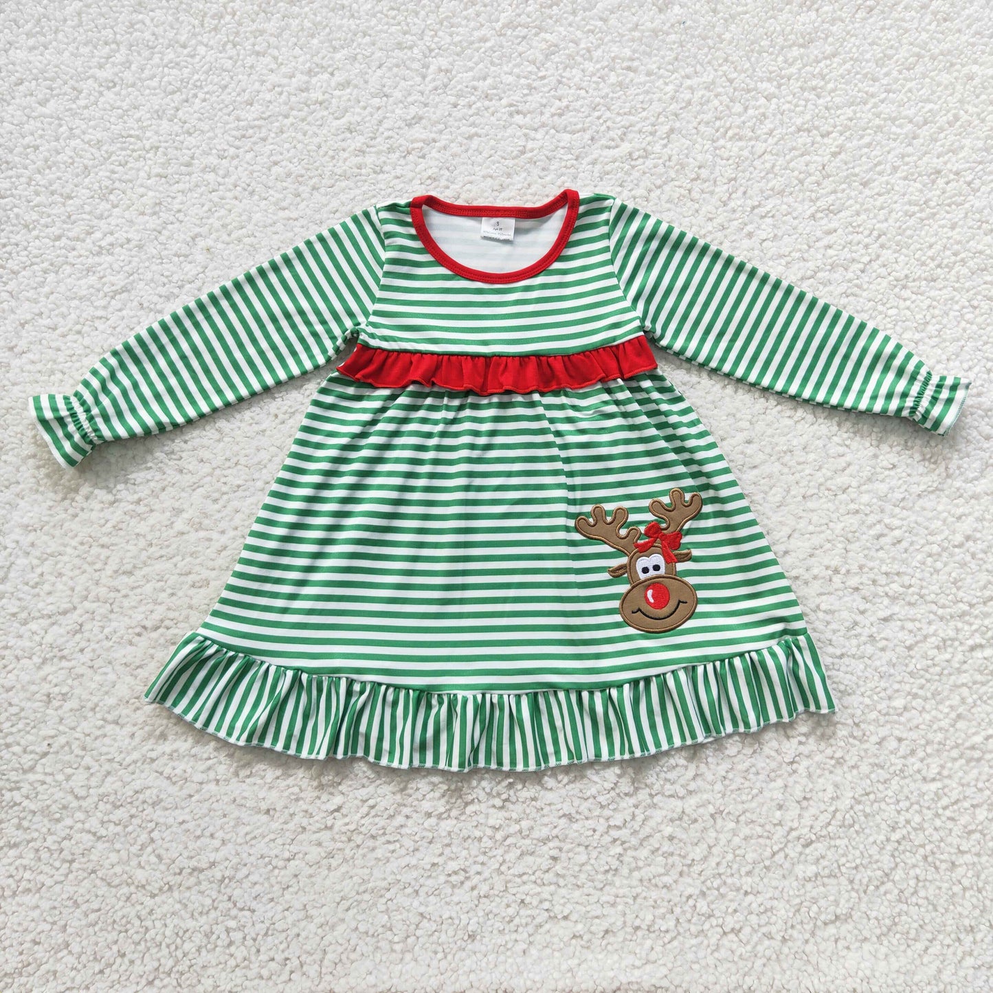 GLD0207 Christmas Reindeer Green Striped Girls Dress