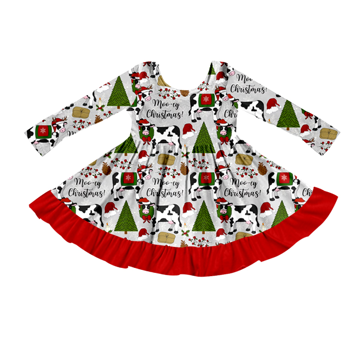 Kids Girls Christmas Clothing Long Sleeve Cute Cow Dress GLD0215