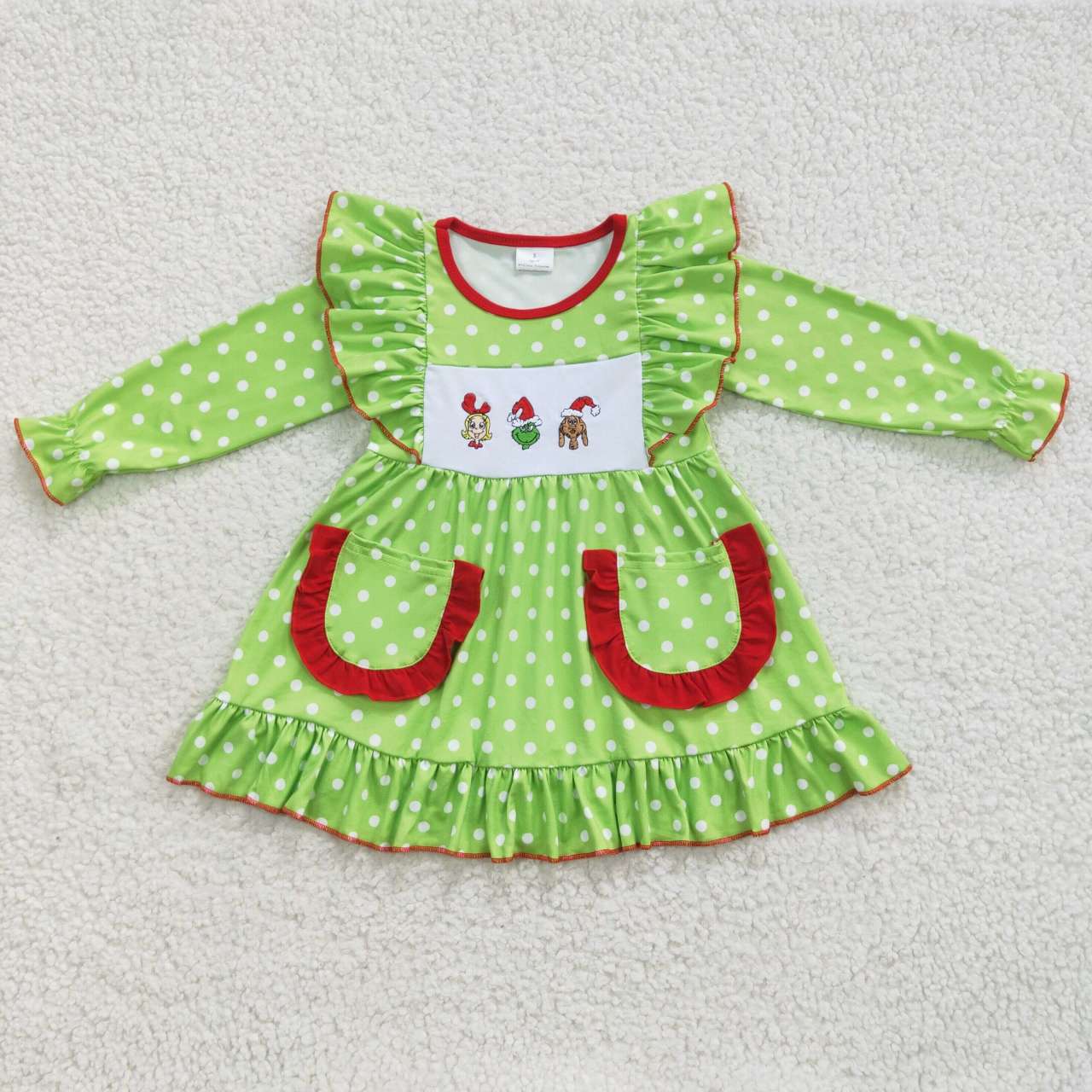 GLD0217 Kids Girls Christmas Green Face Embroidery Dress
