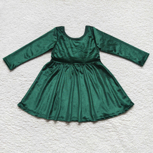 GLD0336  Kids Girls Christmas Green Velvet Long Sleeve Dress