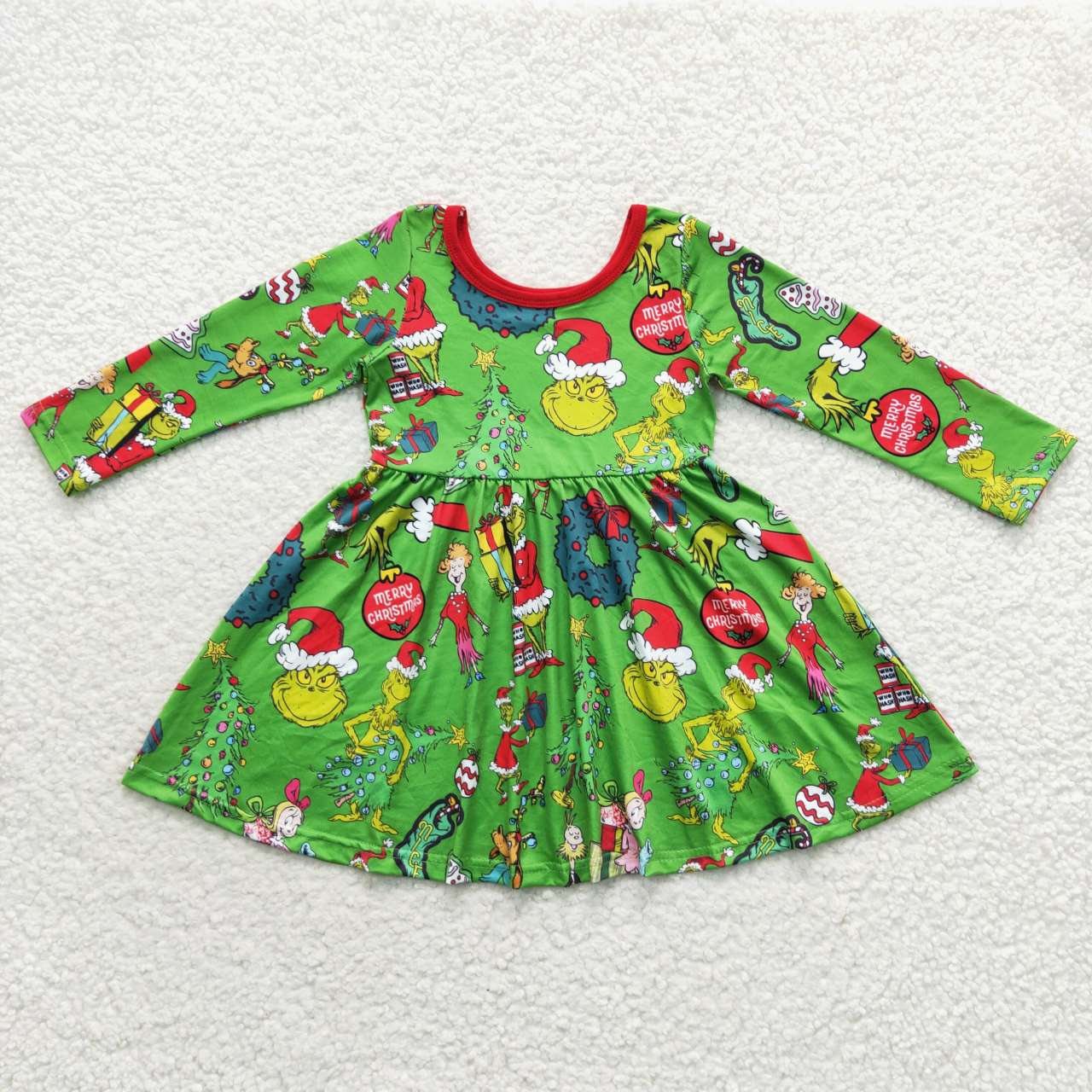 GLD0345 Baby Girls Christmas Green Face Print Long Sleeve Dress