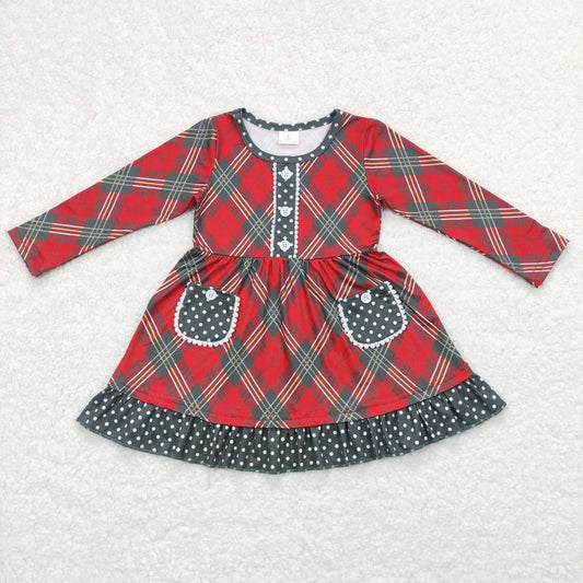 Baby Girls Christmas Red Green Checkered Pockets Knee Length Dresses