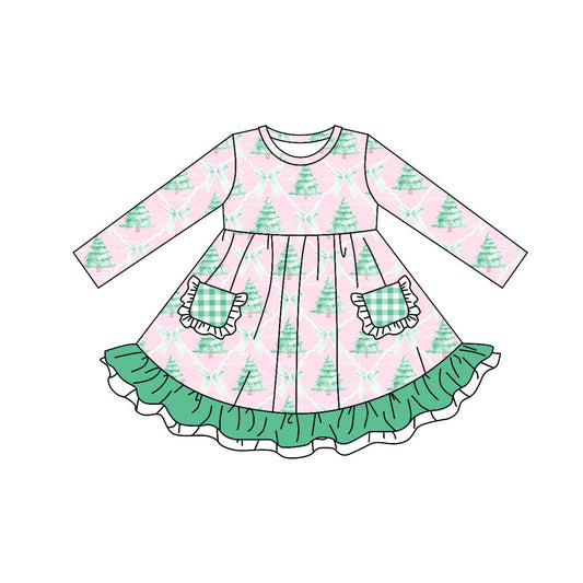 GLD0525 Baby Girls Christmas Tree Long Sleeve Dress