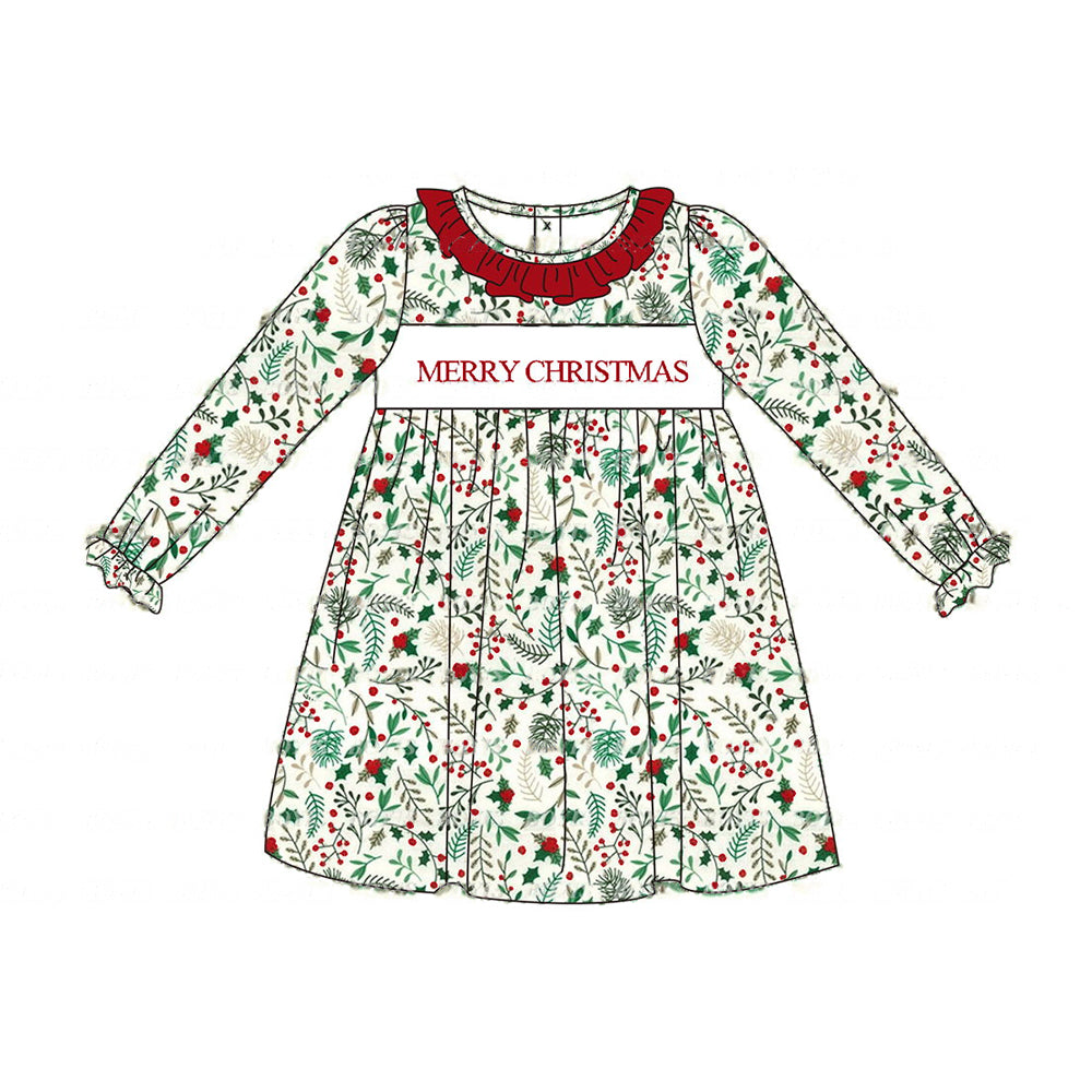 Baby Girls Merry Christmas Holly Long Sleeve Dress Preorder