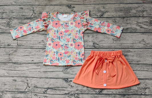 Baby Girls Floral Top Matching Orange Skirt Set Preorder