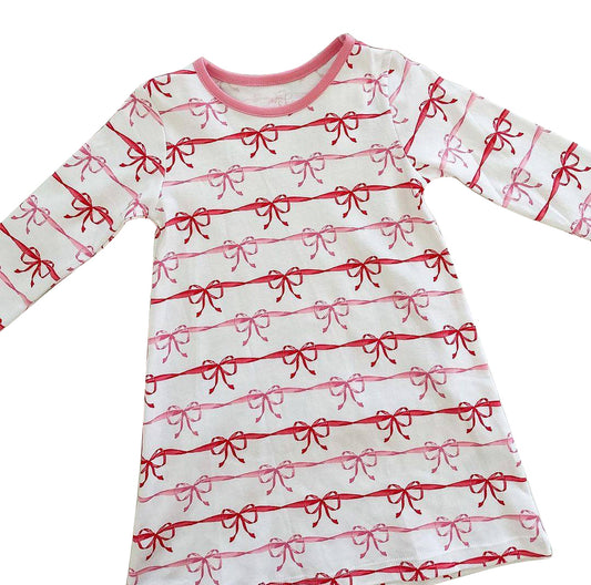 GLD0615 Baby Girls Red Pink Bow Print Long Sleeve Dress Preorder