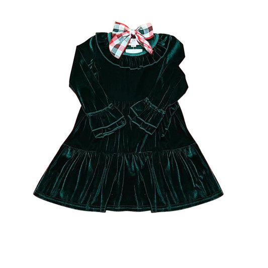 GLD0619  Baby Girls Dark Green Velvet Long Sleeve Dress Preorder