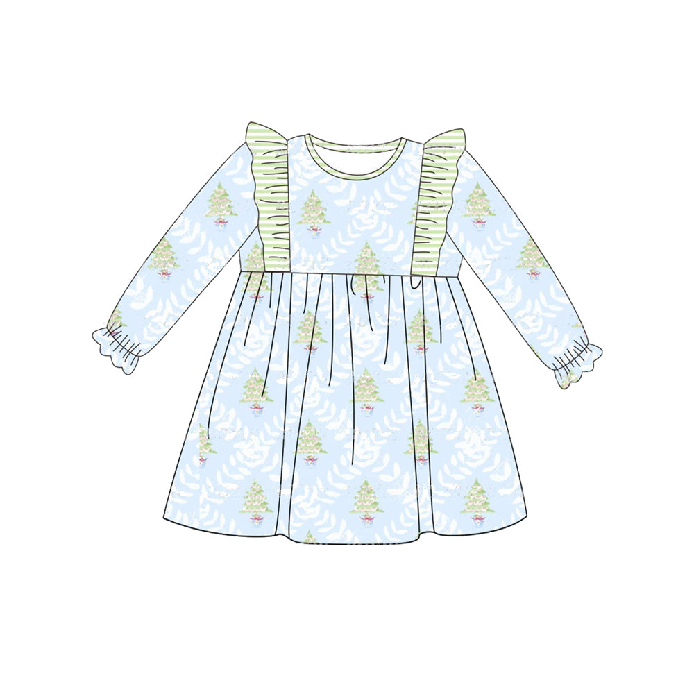 GLD0640 Baby Girls Christmas Tree Blue Long Sleeve Dress Pre-order