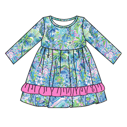 GLD0653 Baby Girls tropical Floral Long Sleeve Dress With Ruffle Pre-order