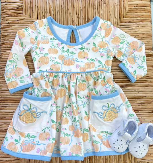 GLD0655 Baby Girls Pumpkin  Long Sleeve Dress With Ruffle Pre-order