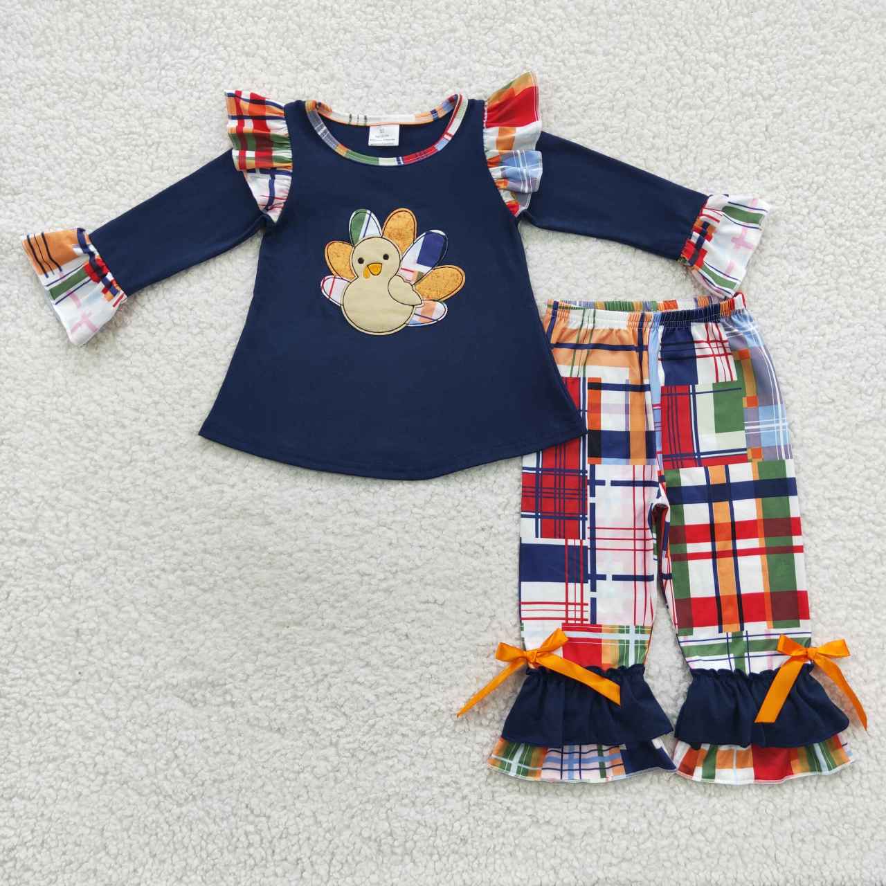 GLP0472 Kids Girls Thanksgiving Embroidery Turkey Outfit