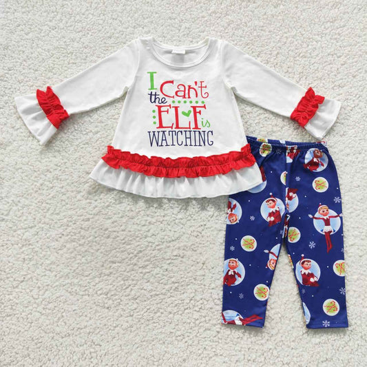 GLP0641 Kids Girls Christmas Outfit I Can't The Elf Watching Clothes Set