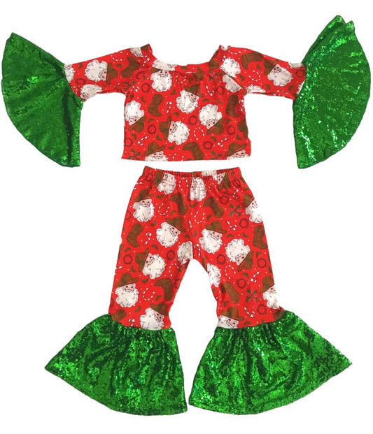 GLP0650 Kids Girls Christmas Outfit With Green Sequin Ruffle