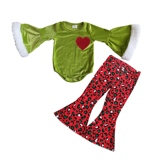 GLP0767 Heart green face romper red leopard denim pants girls Christmas outfits