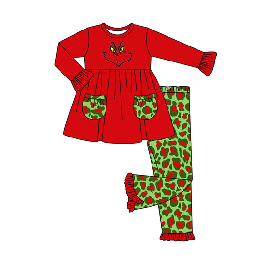 Baby Girls Christmas Green Face Red Leoaprd Ruffle Pants Clothes Set Preorder