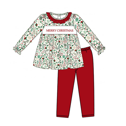 Baby Girls Merry Christmas Holly Long Sleeve Red Pants Outfit Preorder