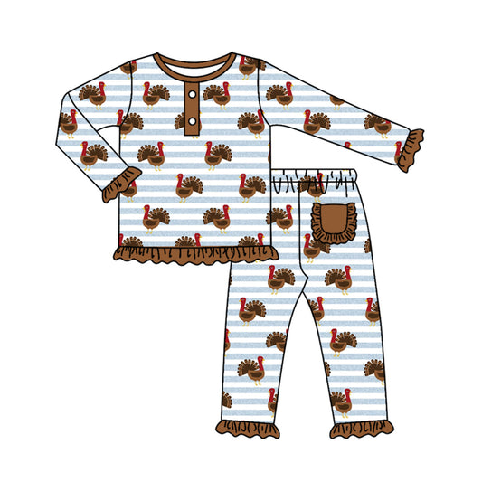 GLP1350  Baby Girls Thankgiving Turkey Long Sleeve Pajama Set Pre-order