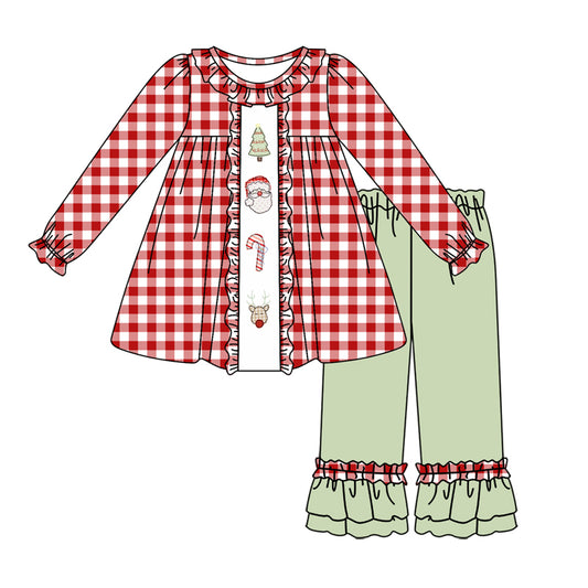 GLP1439 Baby Girls Santa Red Gingham Tunic Top Green Pants Outfit Preorder