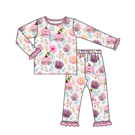 GLP1482 Baby Girls Pumpkin Floral Long Sleeve Pajama Set Ruffle Pre-order