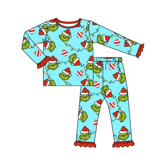 GLP1489 Baby Girls Christmas Green Face Long Sleeve Pajama Set Pre-order
