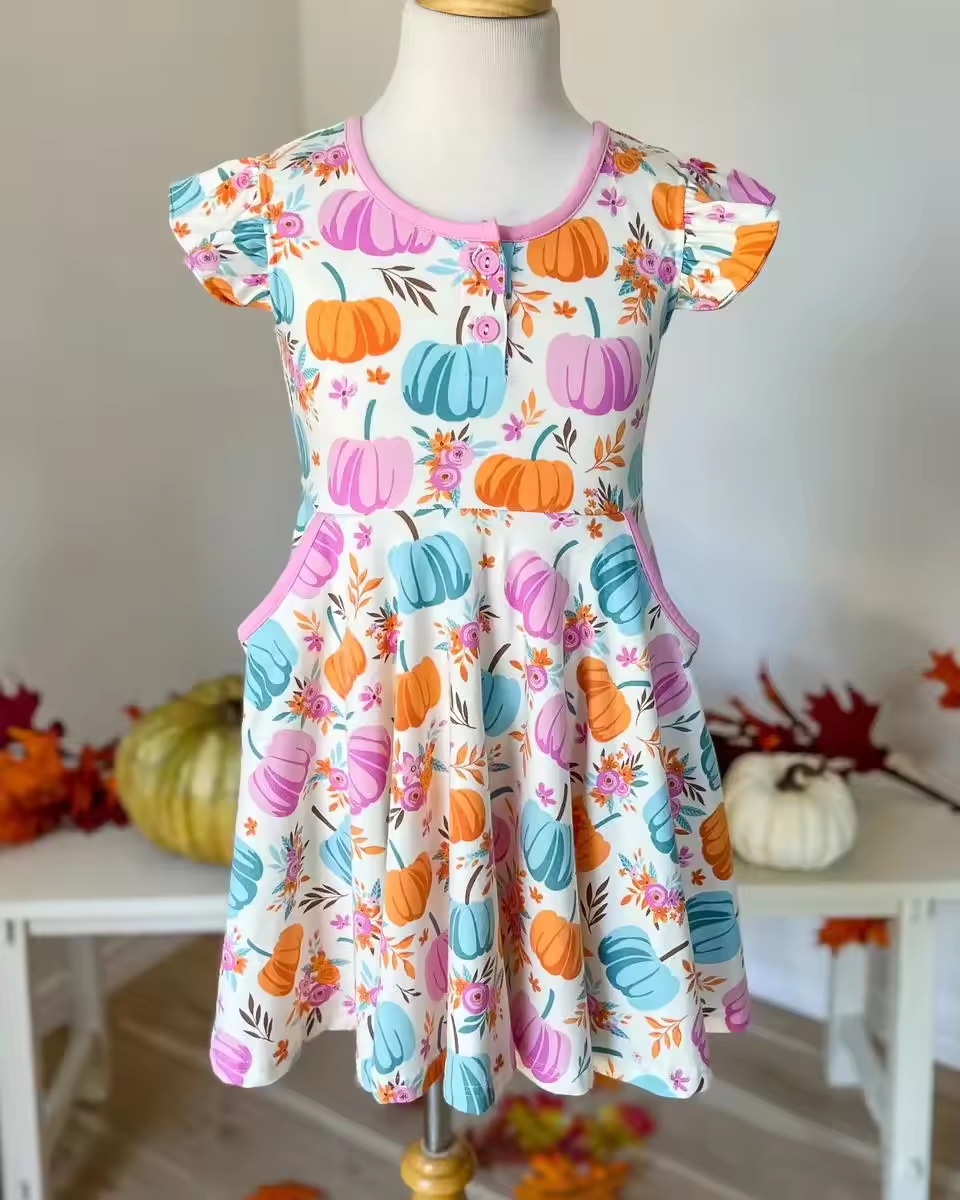 GSD1332 Baby Girls  Pumpkin Short Sleeve Dress Pre-order