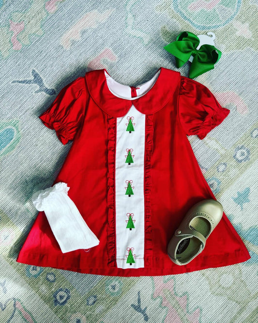 GSD1374 Baby Girls Christmas Tree Red Short Sleeve Dress Preorder
