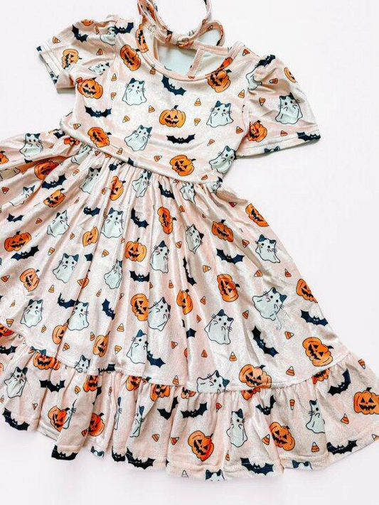 GSD1375 Baby Girls Halloween Pumpkin Short Sleeve Dress Preorder
