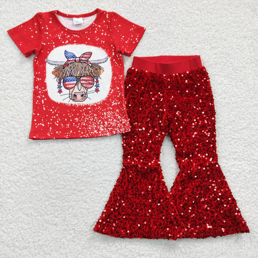 GSPO0540 Kids Girls July 4th Red Top and Sequin Pants Set