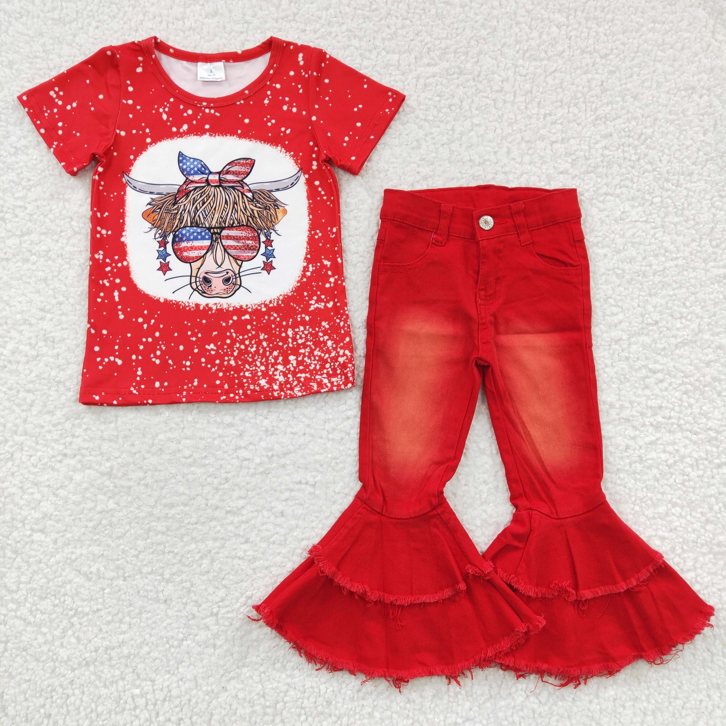 GSPO0541 July 4th Red Hignland Cow Top Red Denim Pants Set