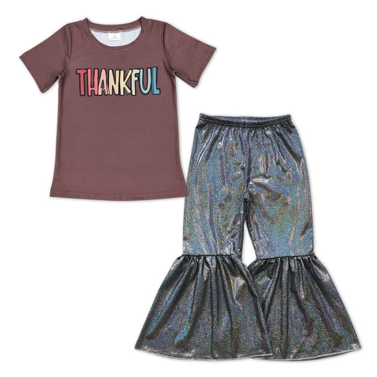 Girls Thanksgiving Thankful Tee Shirts Tops Gray Sparkle Bell Pants Clothes Sets
