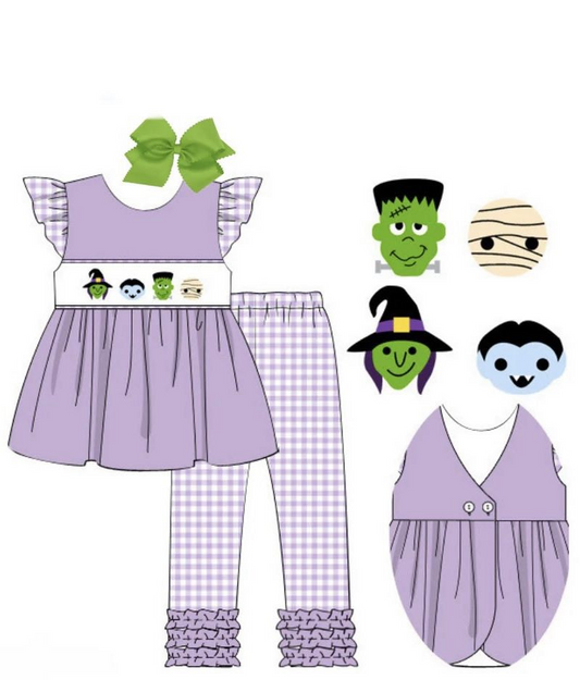 Kids  Girls Halloween Green Ghost Purple Pants Set  Pre-order 3 MOQ