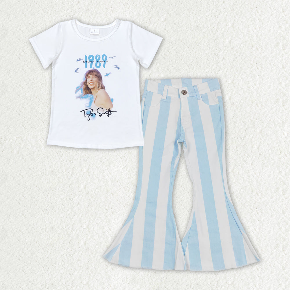 Baby Girls Pop  Singer Top Matching Blue Striped Jeans Outfit