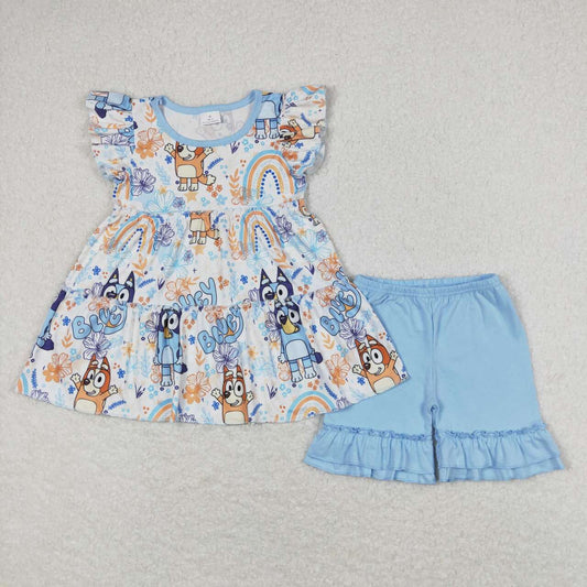 Baby Girls Summer Cartoon Blue Dog Ruffle Shorts Set