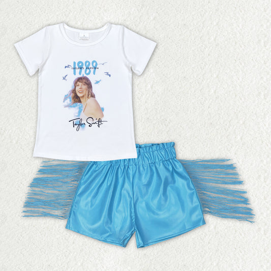 Baby Girls  Pop Singer White Top + Blue Leather PU  Shorts Set