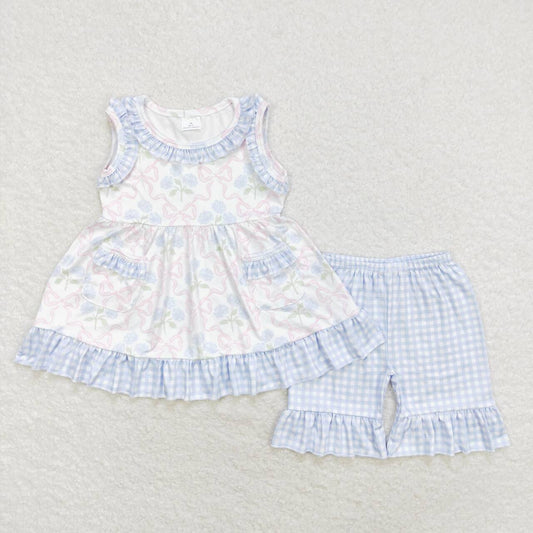 Baby Girls Blue Flower Bow Top Ruffle Shorts Outfit