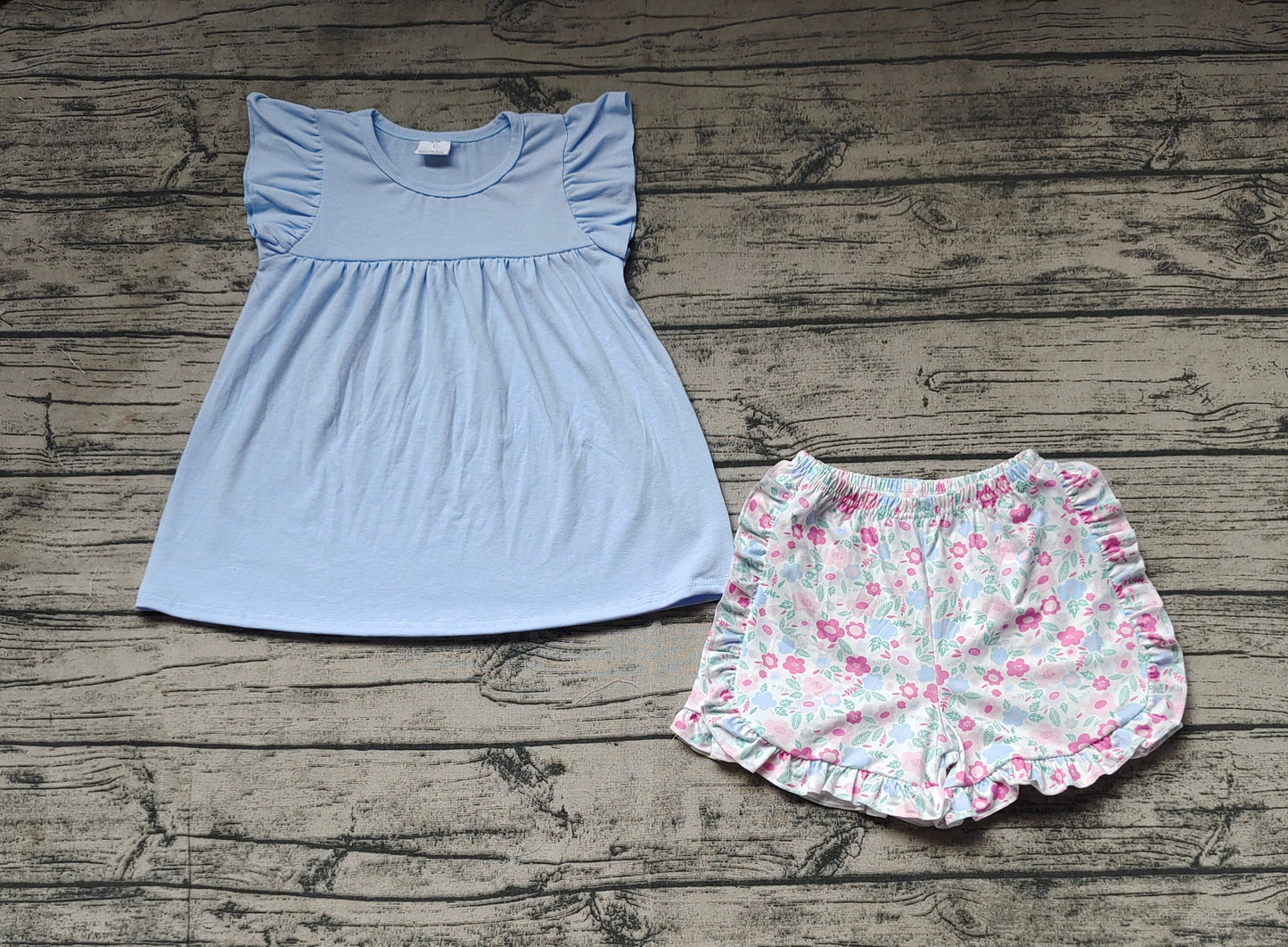 GSSO1056 Baby Girls Blue Pearl Tunic Top  Flower Ruffle Shorts Outfit