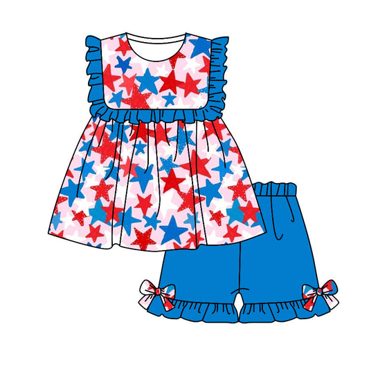 Kids Girls July 4th Red Blue Stars Top Ruffle Shorts Set Pre order