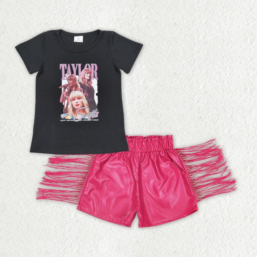 Baby Girls  Pop Singer Black Top Hot Pink Leather PU  Shorts Set