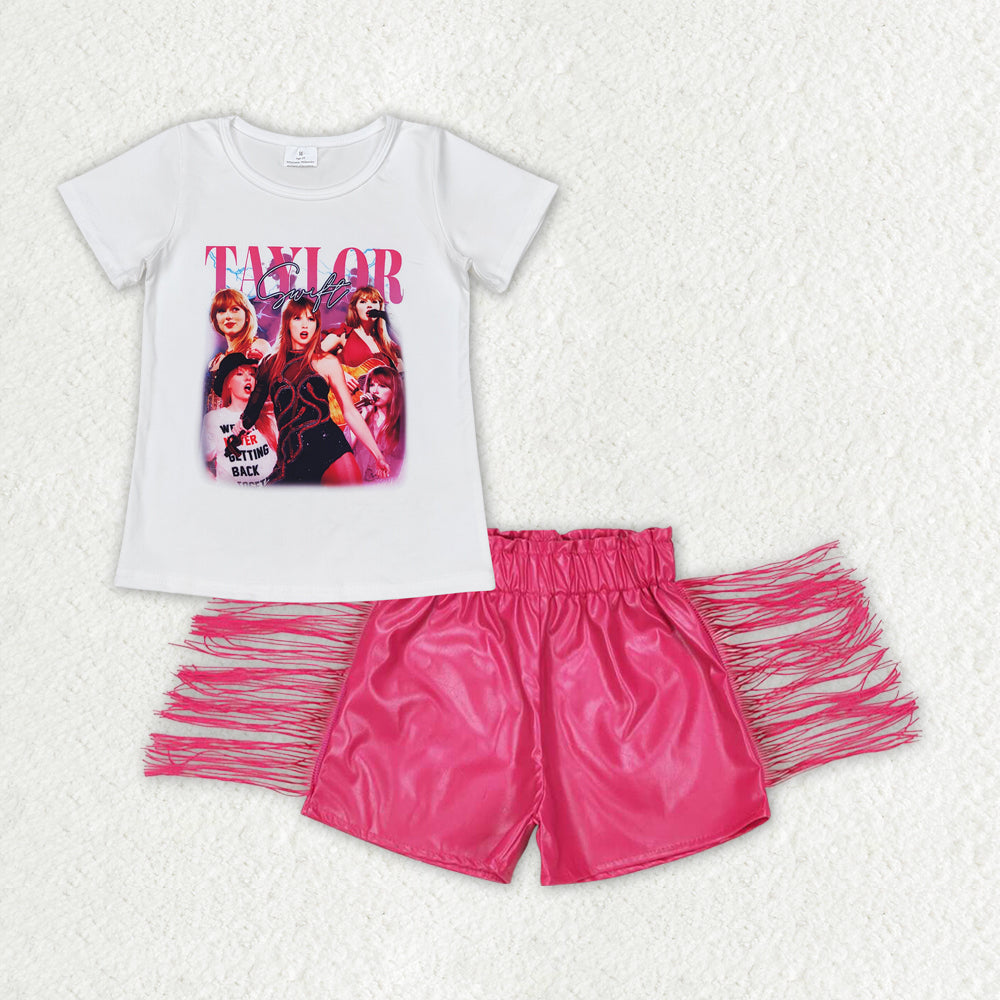 Baby Girls  Pop Singer White Top Hot Pink Leather PU  Shorts Set