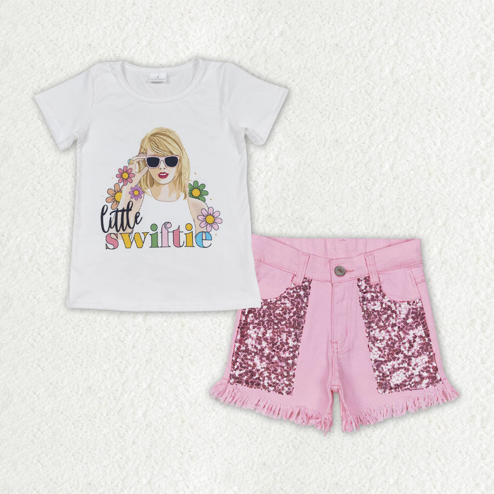 GSSO1445 Little Swiftie Top Matching Pink Denim Shorts Set