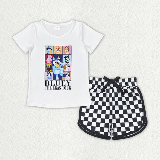 Baby Girls Cartoon Dog Top Black Checker Shorts Set