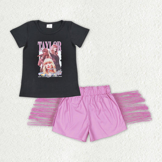 Baby Girls  Pop Singer  Black Top + Purple Leather PU  Shorts Set