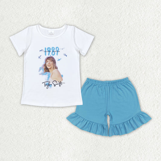 Baby Girls  Pop Singer White Top + Blue Shorts Set