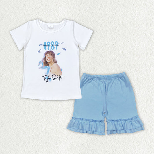 Baby Girls  Pop Singer White Top + Ruffle Shorts Set