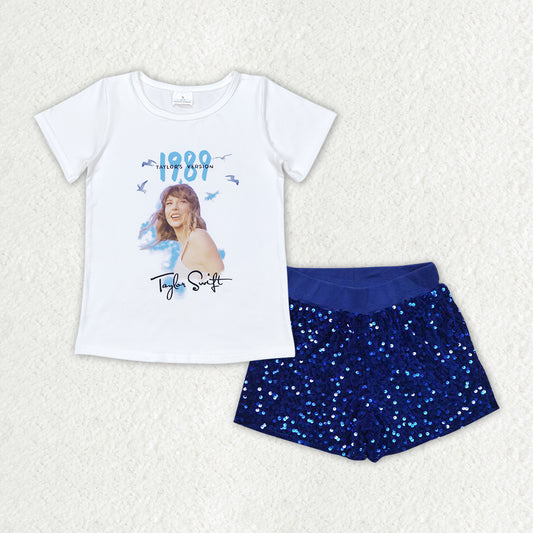 1989 TS Singer White Top  Blue Sequin Shorts Set Preorder