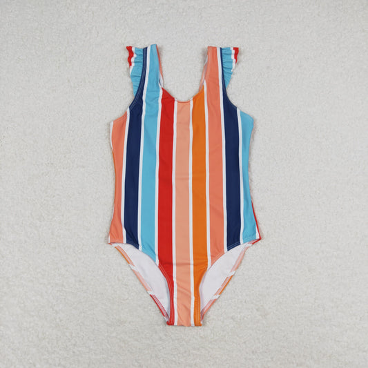S0341 Baby Girls Blue Red Pink Striped Print SwimSuit