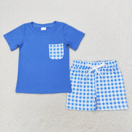 Summer Baby Outfit Blue Cotton Top Gingham Shorts