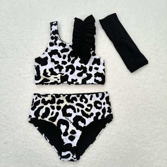 S0224 Baby Girls White Black Color Leopard Swimsuit Set