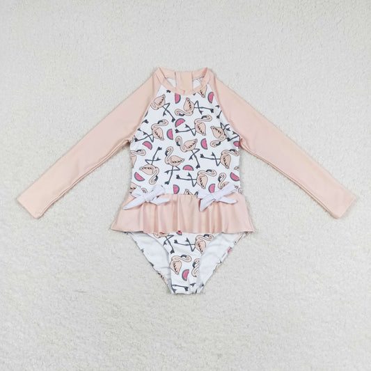 S0245 Kids Girls Daisy Flamingo Long Sleeve Swimsuit Swimwear