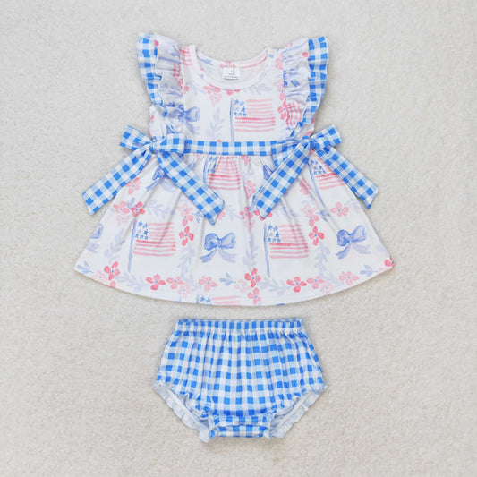 Baby Girls July 4th Flag Bow Bummie Set